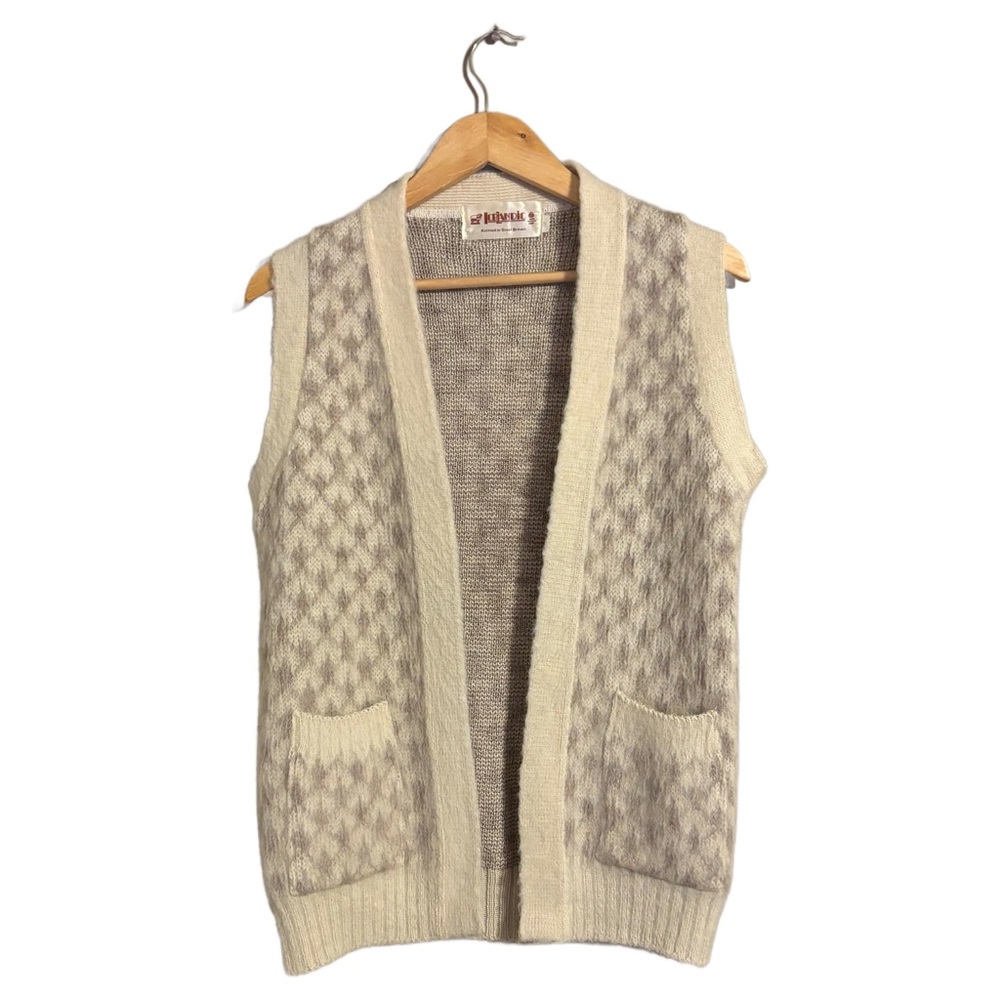 Vintage Icelandic Knitted in Great Britain 100% Wool Cream & Tan Knit Vest Sz M